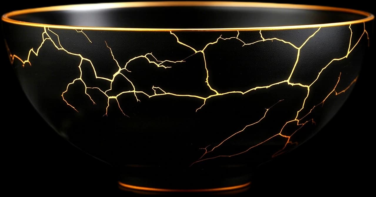 A dark ceramic bowl repaired with kintsugi, its breaks filled with gold